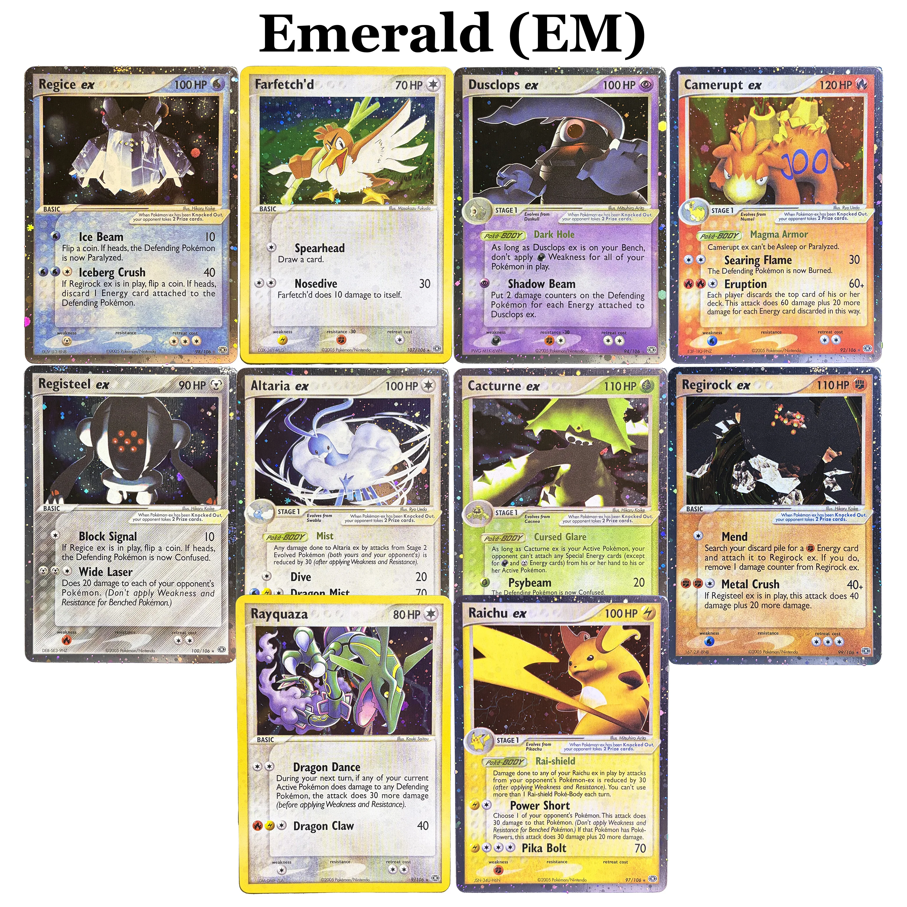 2005 PKM EX Emerald(EM) Lote de Cartas Raras Holo Vintage Raichu Registeel Regice Altaria Camerupt Coleção PTCG Cartão Proxy Brinquedo
