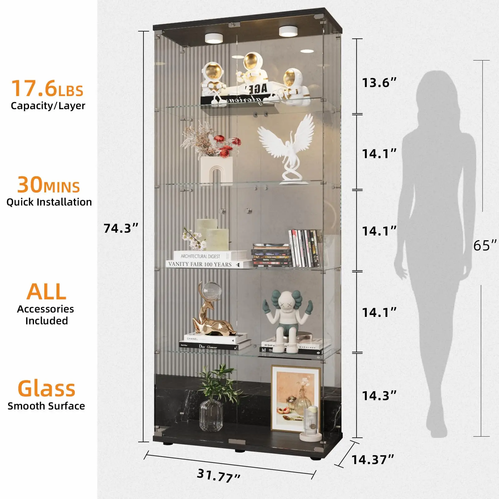 5-Tier Glass Display Cabinet with LED, Display Case Black
