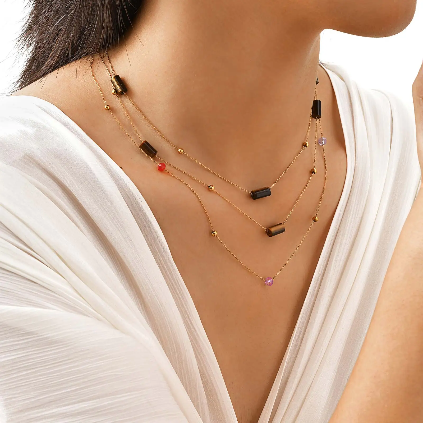 

Colored Natural Stone Bead Necklace for Women,Stainless Steel Chain Necklaces, Fashion Jewelry Gift