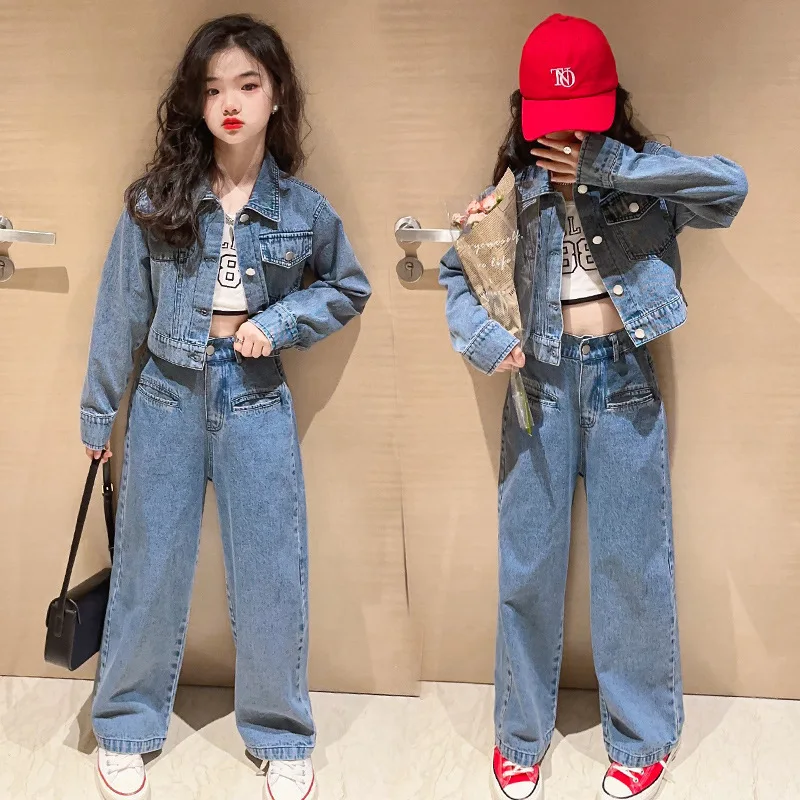 

Girls Oufits Suit 2023 Spring New Kids Loose Casual Denim Jacket Coat Wide Leg Pants Children Fashion Long Sleeve Clothes Set