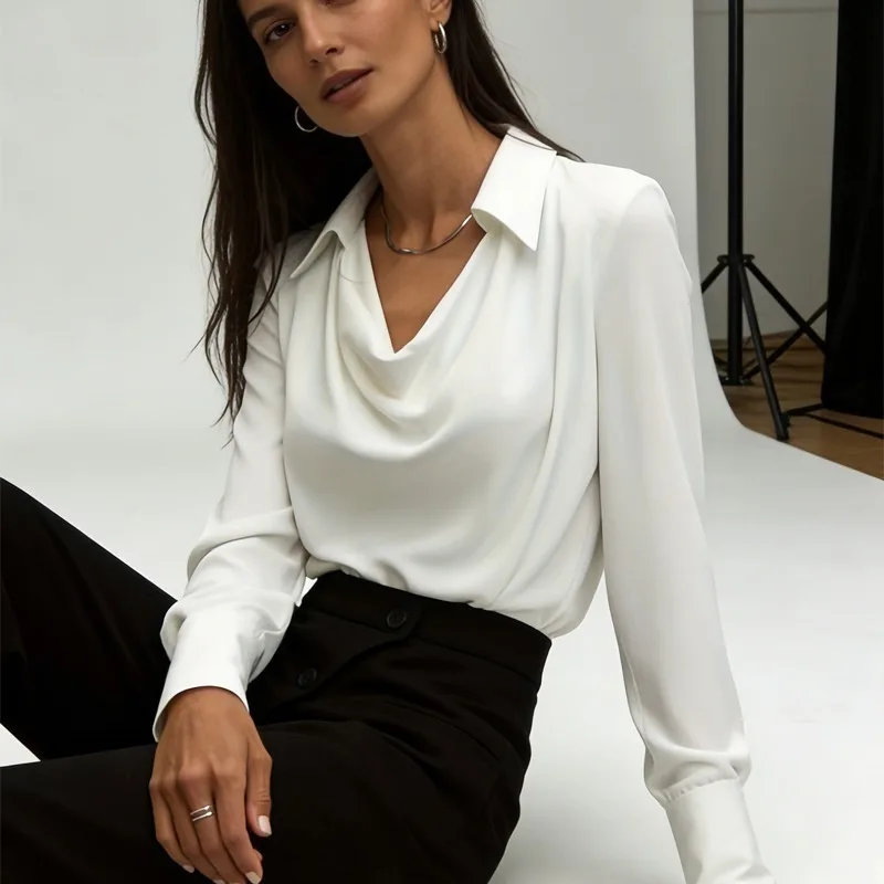 

Модная свободная атласная блузка, повседневная рубашка с длинным рукавом и v-образным вырезом, элегантный офисный женский однотонный топ, 2026, новые блузки с воротником-поло