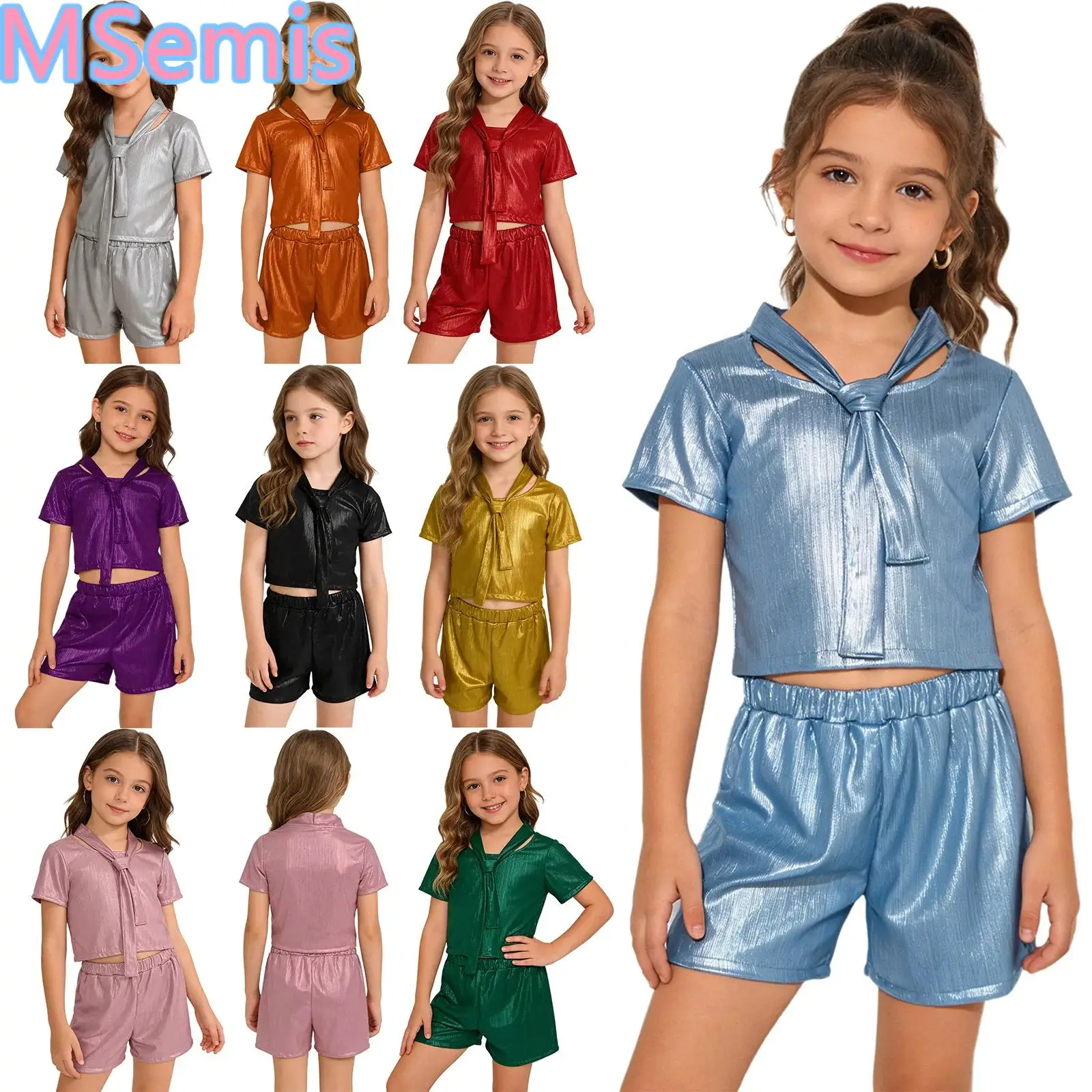 Kids Boys Girls Cheerleading Outfit Hip Hop Street Dance Performance Set Metallic Ribbed Short Sleeve Necktie T-shirt And Shorts