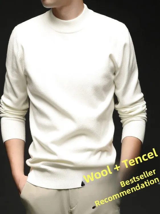 

Чистый цвет, мужской вязаный свитер среднего года с высоким воротником, Inteated Fce, против морщин, Busin Sle, смесь шерсти