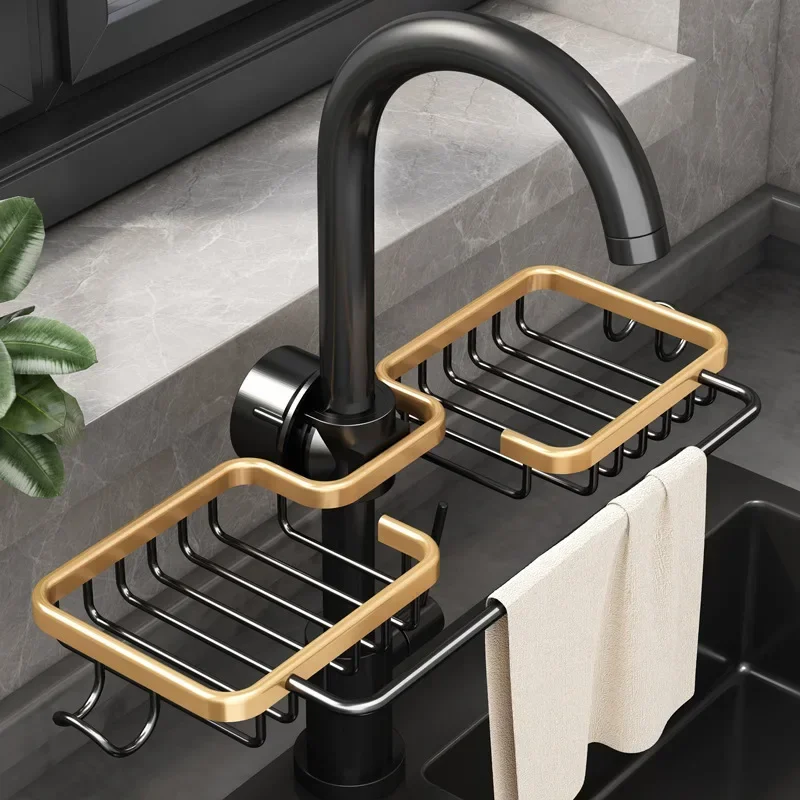 Organizzatore da cucina Scaffale per rubinetto Oro Spazio non perforato Lavello in alluminio Spugna Pulisci drenante Cestino sospeso Accessori per il bagno