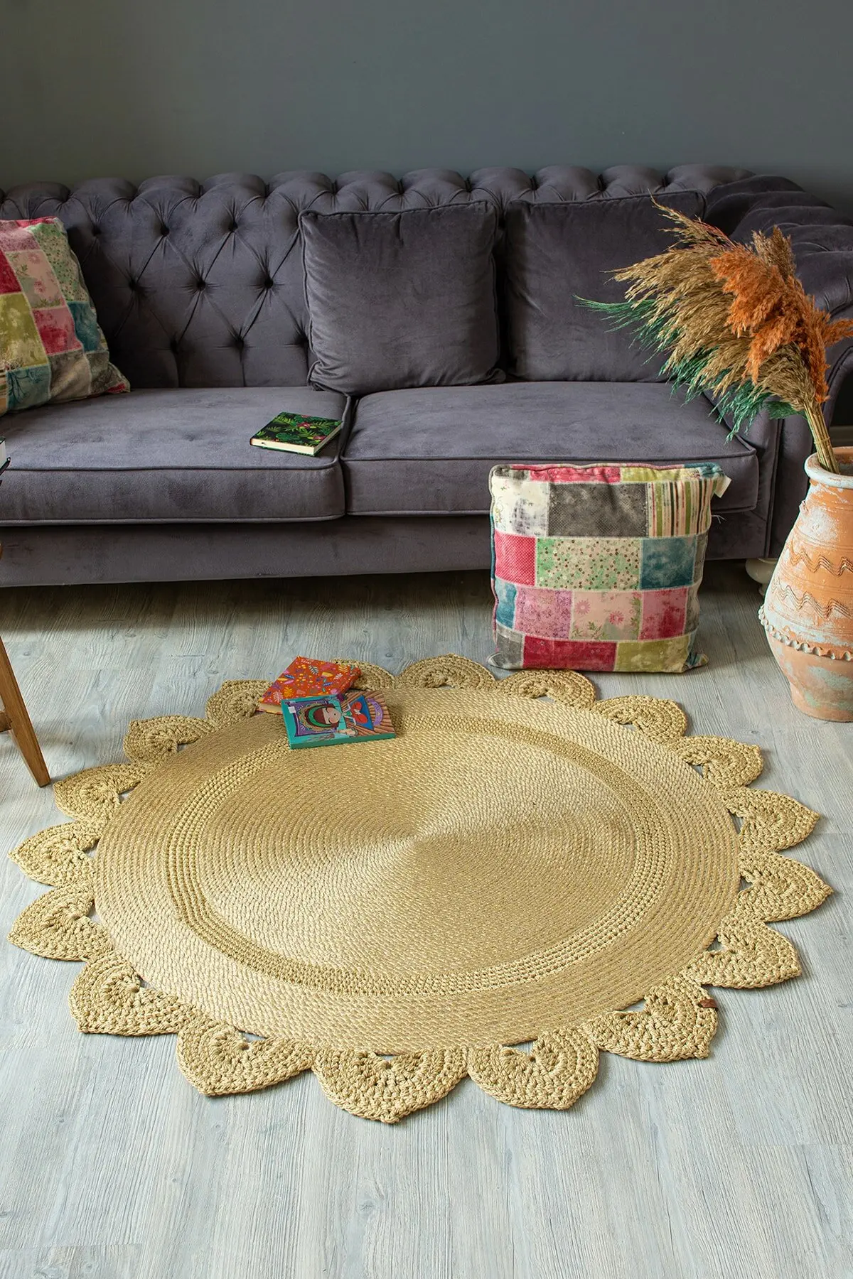 Nano Straw Jute Rug Handmade Carpet Embroidered Woven Washable Goldie Round Natural Color 120*120 Cm. Home Hall Bathroom Kidsroom Babyroom Stylish Made In Turkey  Turkish Craftsmanship