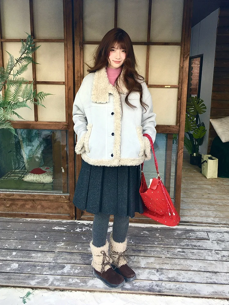 

VOUSALME Утепленное пальто из овечьей шерсти и хлопка для женщин, повседневное, свободного кроя, с длинными рукавами, зимнее пальто в милом стиле