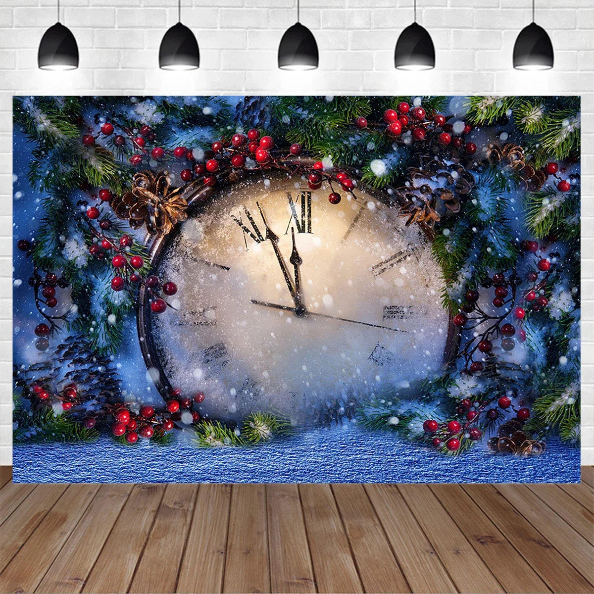 Mocsicka Merry Christmas Winter Backdrop Clock Roman Numeral Dial Red Fruit Xmas Tree Studio Family Baby Portrait Photography