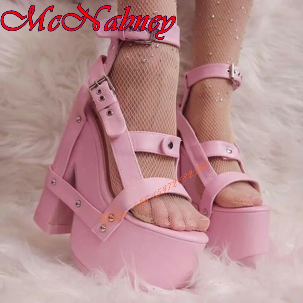 High Platform Straps Sandals Hollow Chunky High Heel Open Toe Rivet Summer Shoes Ankle Buckles Super High Party Dress Sandals