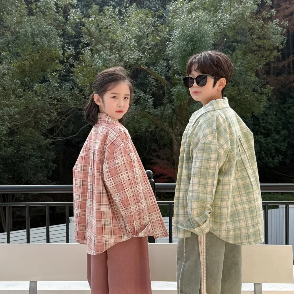 Children's Shirt 2025 Spring  Boys' and Girls' Korean  Checkered Collar Shirt Children's Casual Loose Top