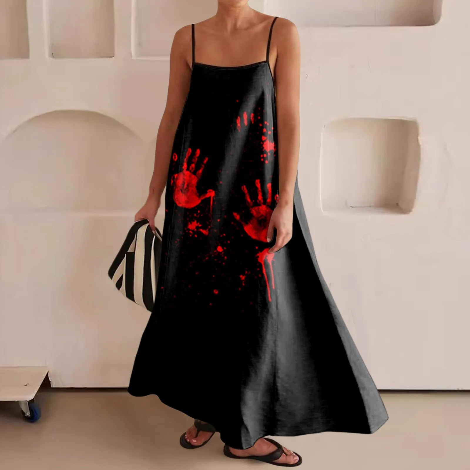 

halloween bloody print Women Maxi Dress Contrast Spaghetti Strap Summer Outfits slash neck Sleeveless Long Dresses for Women