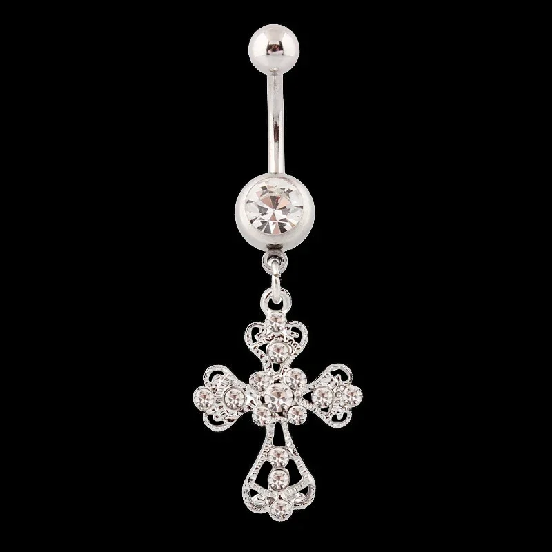 الفولاذ المقاوم للصدأ الصليب قلادة السرة مسمار موضة كريستال حجر الراين البطن زر خواتم للنساء الجسم مثير ثقب المجوهرات #6