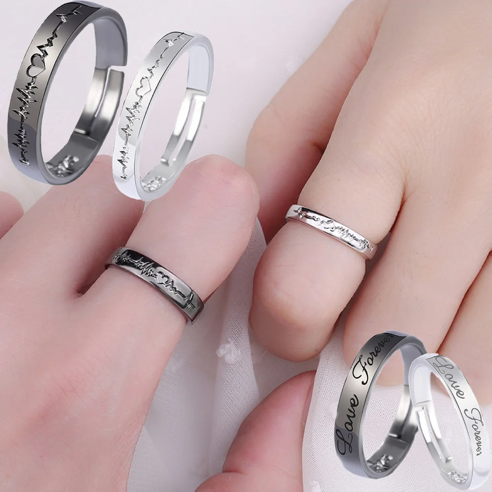 1 Pair Black White ECG Electrocardiogram Copper Plated Platinum Couple Ring Resizeable Finger Jewelry Wholesale Drop Shipping