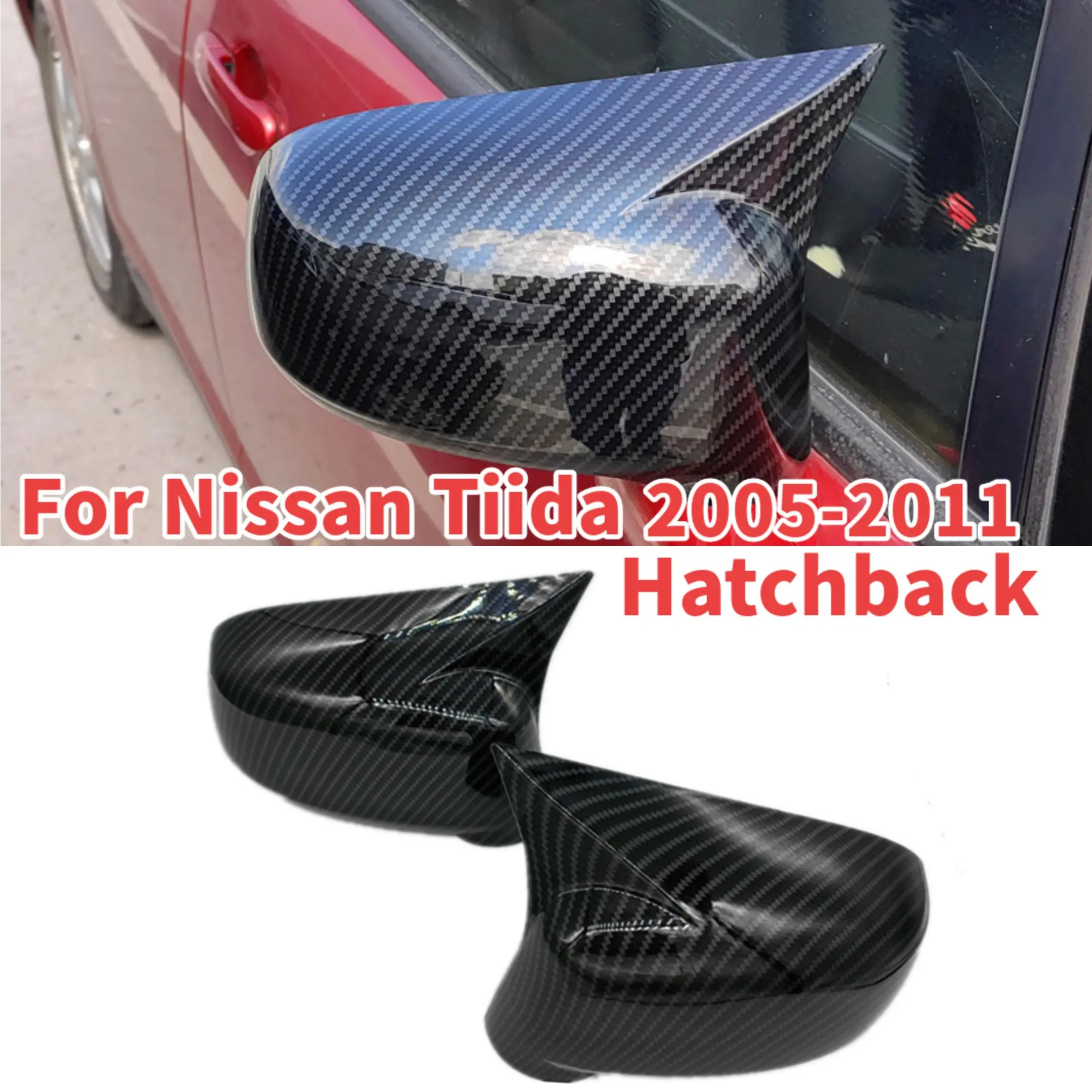 

For Nissan Tiida Hatchback 2004-2010 Car Rearview Side Mirror Cover Wing Cap Sticker Exterior Door Rear View Case Trim Carbon