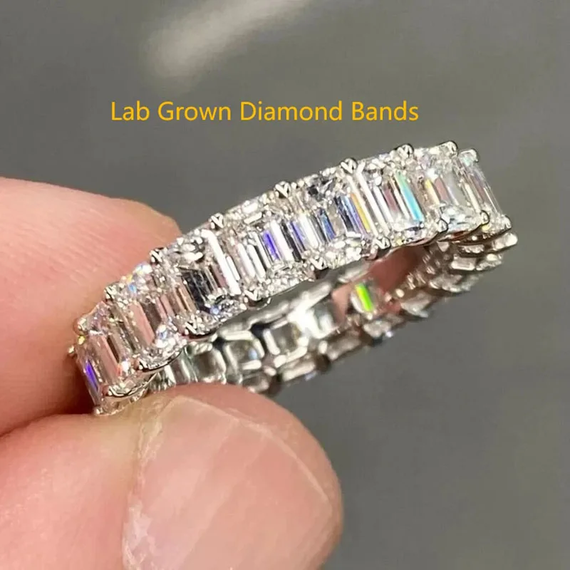 

0.3CT Each Emerald Cut Lab Grown CVD HPHT Diamond DEF VS-VVS Full Eternity Wedding Band Ring 14k White Gold Women Wedding Bands