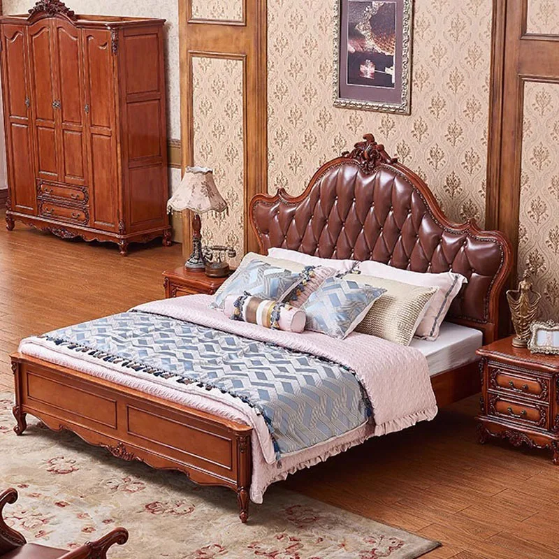 European leather double bed American solid wood carving flower head layer luxury couple light luxury master bedroom marriage bed