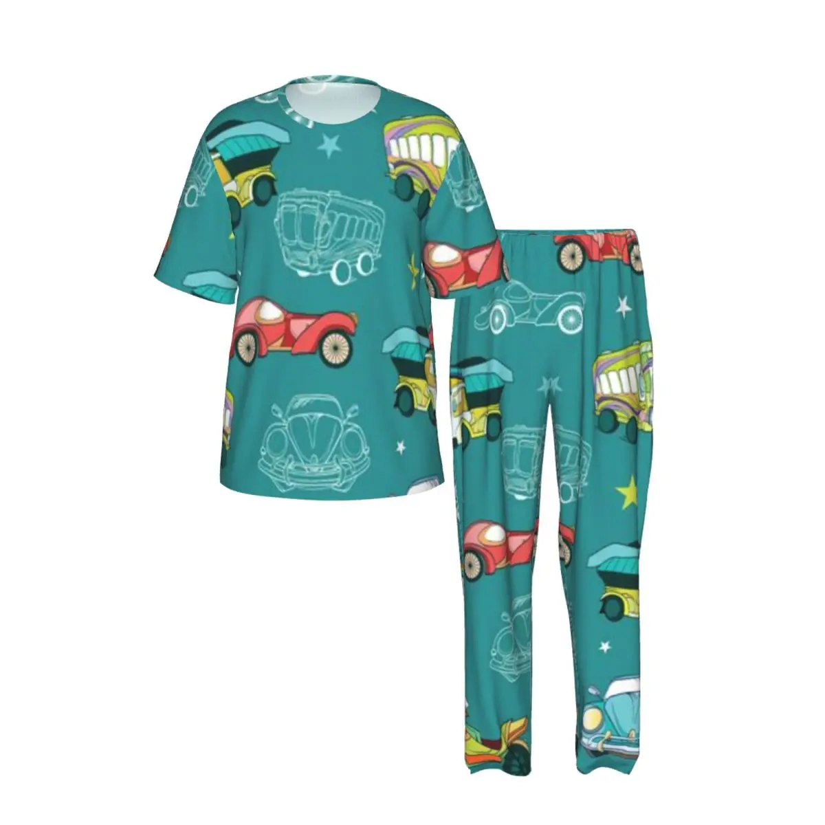 Sleepwear Summer Spring Home Clothes Transportation Cars Trucks Motorcyles Pattern Short Sleeve Long Pant Nightwear