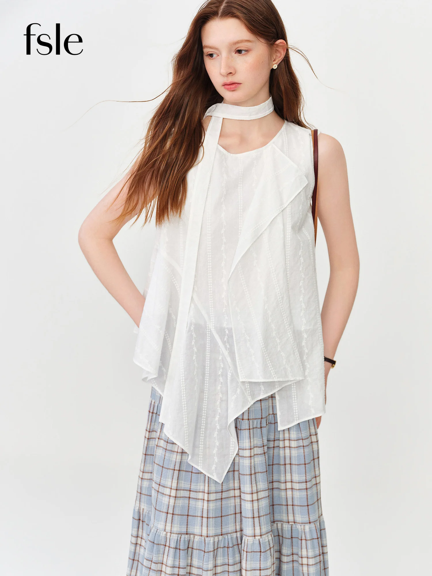 

FSLE 2026 Summer Women Asymmetrical Cut-out Tie-Neck Sleeveless Blouse Round Neck Top Soft Elegant Daily Layering Essential