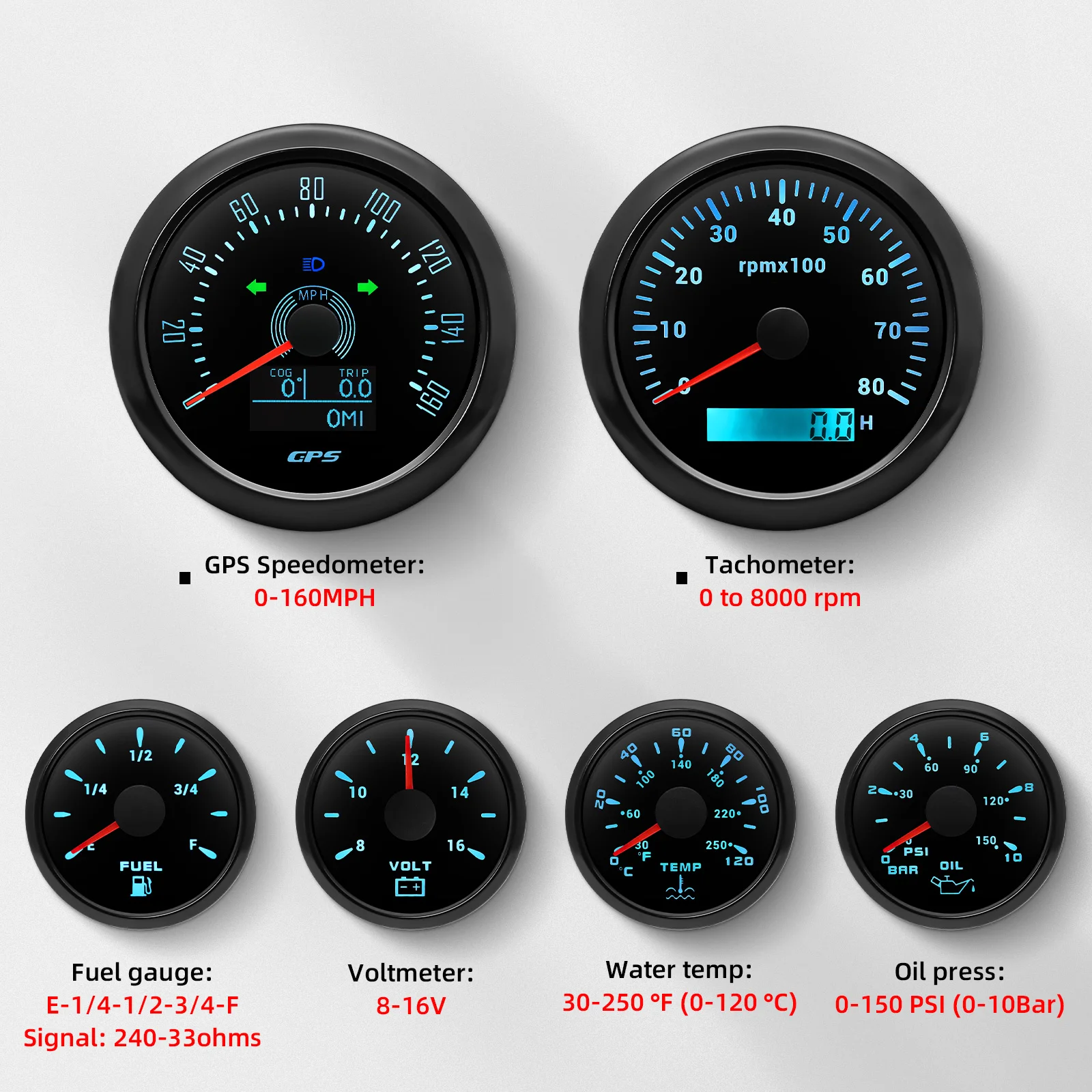 

Auto Car 6 Gauge Set with Sensor 7 Color LED 85mm GPS Speedometer Gauge Tachometer 52mm Water Temp Gauge Oil Press Fuel Voltage