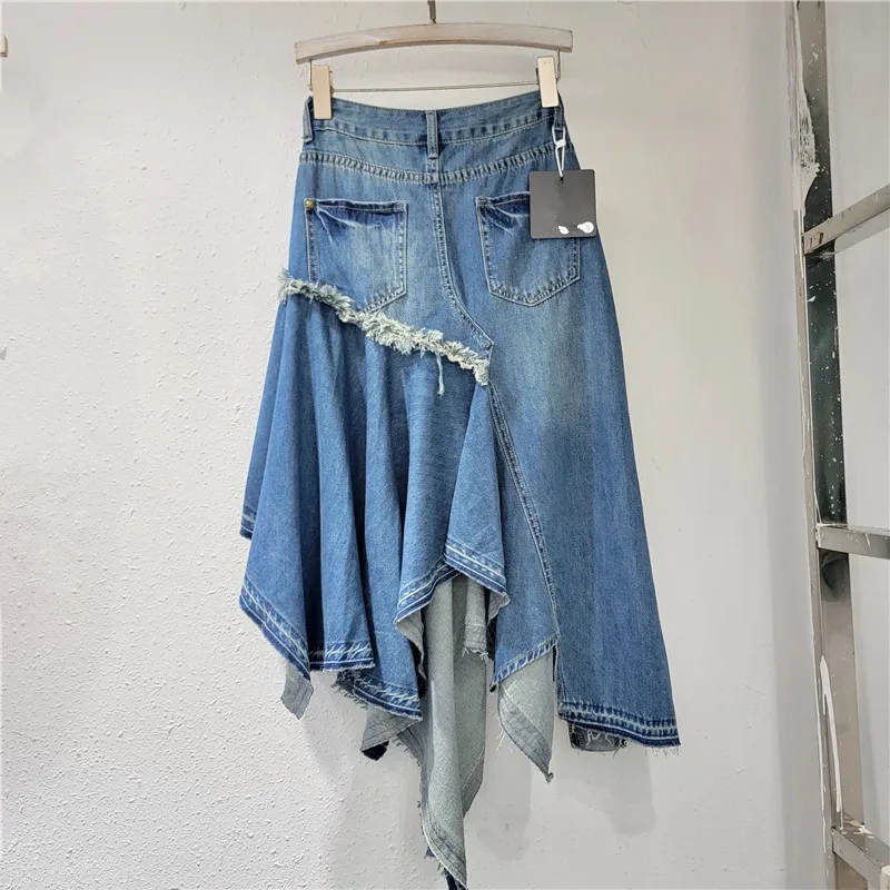 Summer new style high-waisted design stitching irregular washed denim long skirt for women