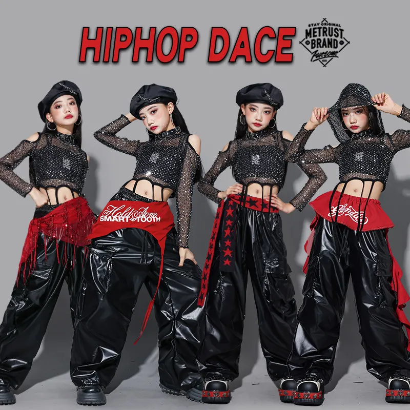 Girls Hip Hop Sequin Shiny Crop Hoodies Black Cargo Pants Kids K-pop Jazz Clothes Sets Children Girl Group Streetwear Costumes