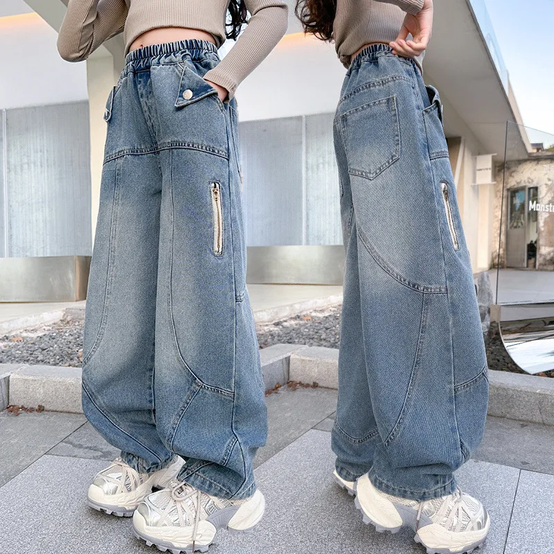 جينز بناتي لربيع وخريف 2025 بأرجل واسعة موضة الأطفال سراويل دينم غير رسمية للأطفال تصميم ريترو مستقيم الساق سراويل فضفاضة