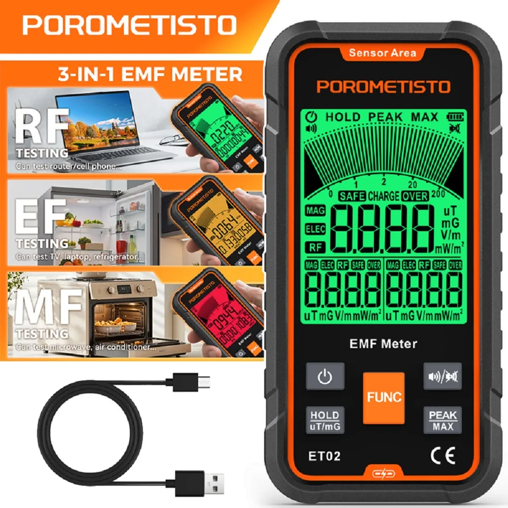 ET02 Multi-Field EMF Meter 3-Colors Backlight Electromagnetic Field Radiation Detector Handheld Radio Frequency Warn Meter