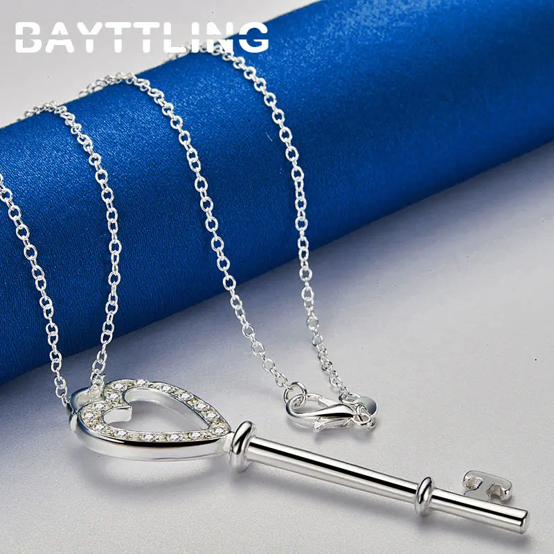 New Fine 925 Sterling Silver 16-30 Inches Heart Key Zircon Necklace For Women Men Fashion Charm Wedding Gift Accessories Jewelry