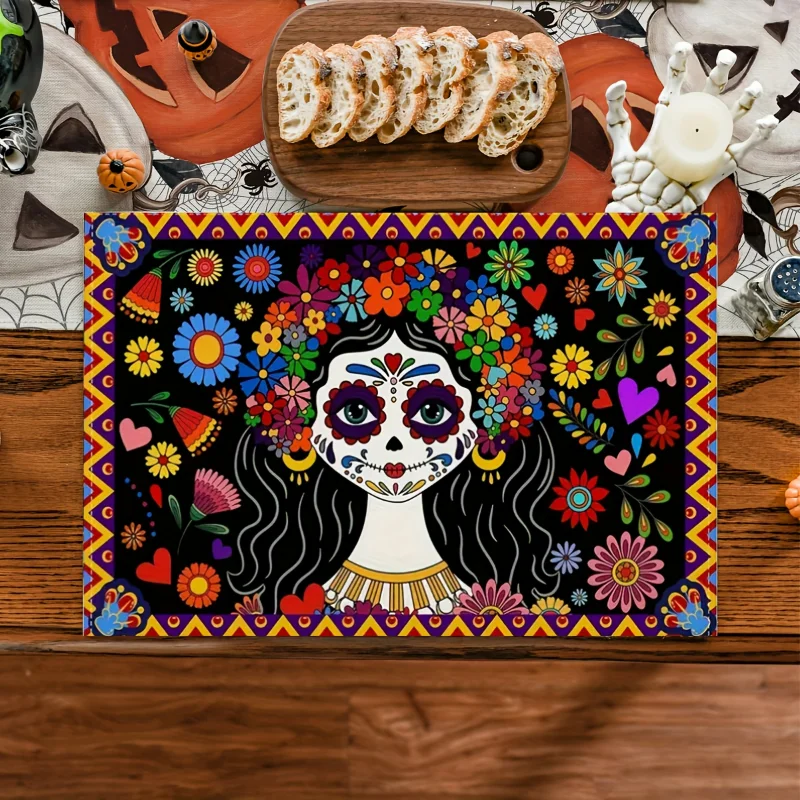 4-Piece Mexican Mat Set Day of the Dead Mat Cartoon Girl Skull Flower Pattern for Día de Muertos Party and Family Gatherings