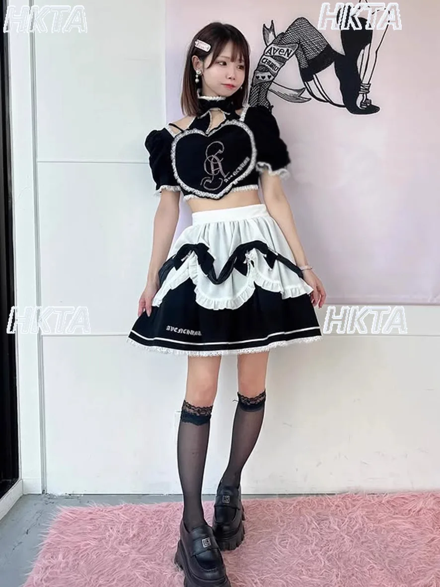 

Japanese Style Hot Diamond Letter Love Round Neck Short Sleeve Shirt Lace Hot Girl Short Tops Layer Maid Mini Skirts Set Women