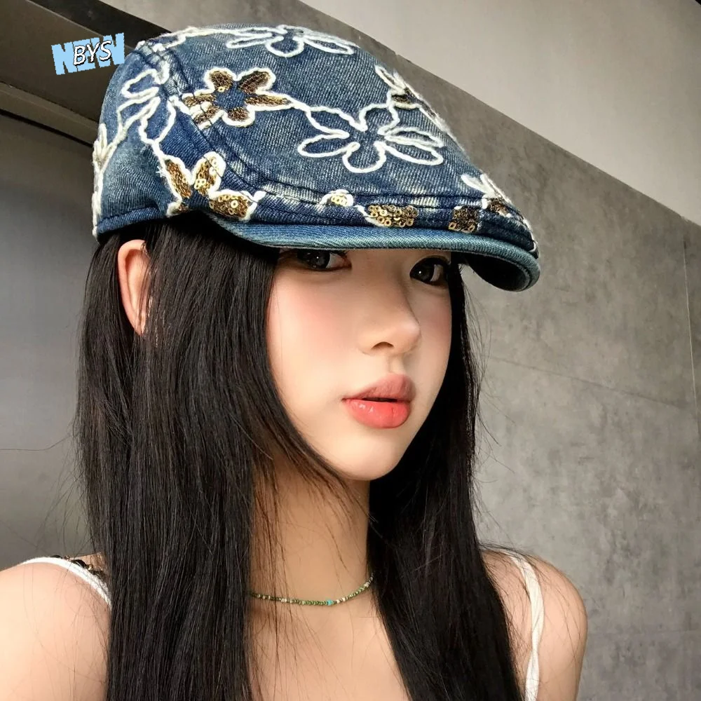 

Personality Cloth Denim Forward Cap Y2k Visor Glitter Beret Korean Style Ethnic Style Sequin Newsboy Cap Ladies