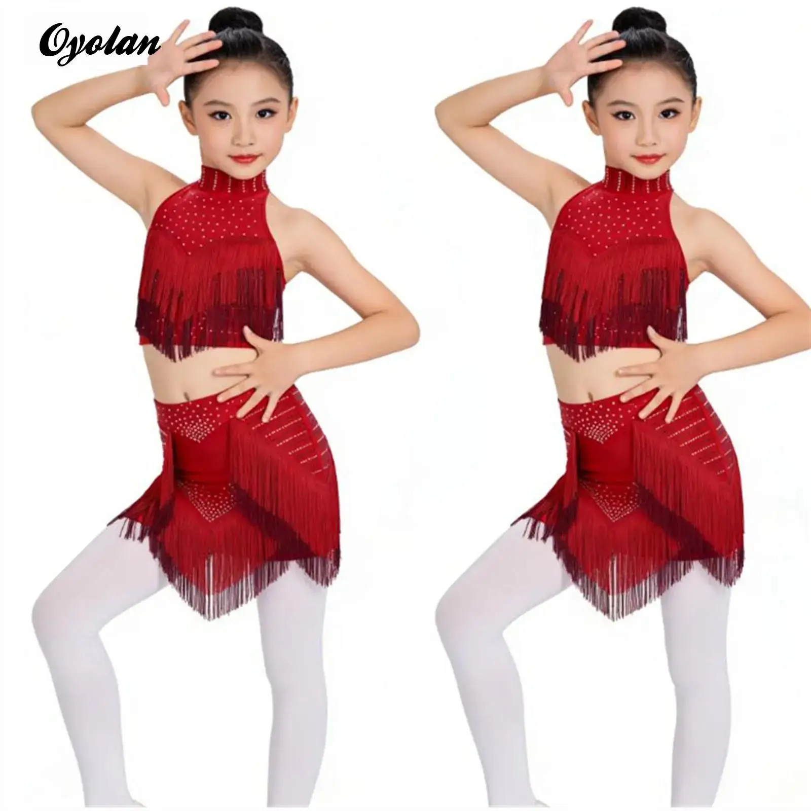 

Kids Girls Rhinestone Two-pieces Latin Dancewear Children Ballroom Costume Tassel Backless Crop Top with Built-in Shorts Skirt