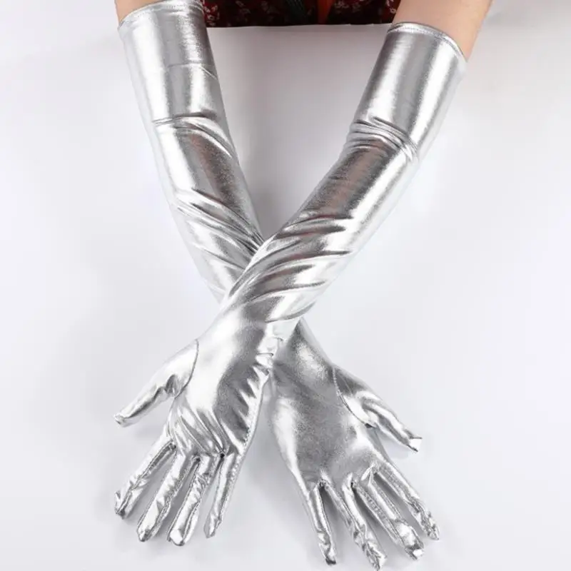 

Silver Sexy Stretch PU Leather Skinny Long Glove Punk Rock HipHop Jazz Disco Dance Glove Shiny Metallic Mitten Cosplay Accessory