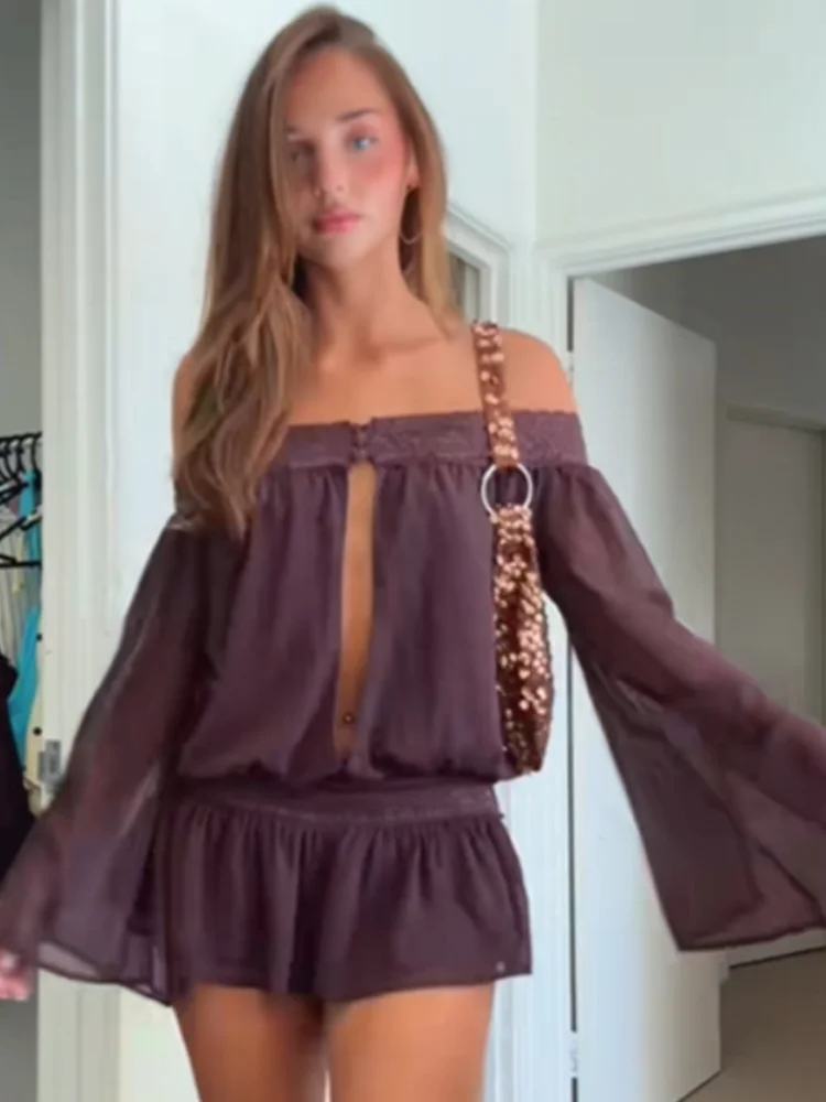 

Сексуальное прозрачное сетчатое мини-платье с расклешенными рукавами и открытыми плечами, с вырезами, короткое, для летних вечеринок, новинка 2026 года, женские платья