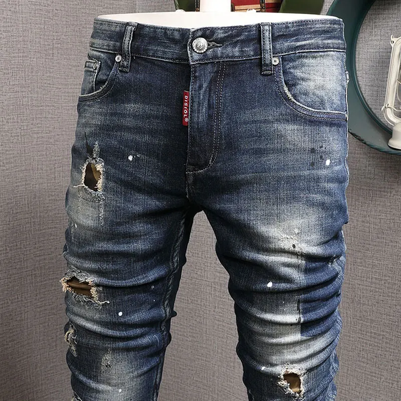 Street Fashion Men Jeans Retro Black Blue Elastic Stretch Slim Fit Vintage Ripped Jeans Patched Designer Hip Hop Denim Pants Men