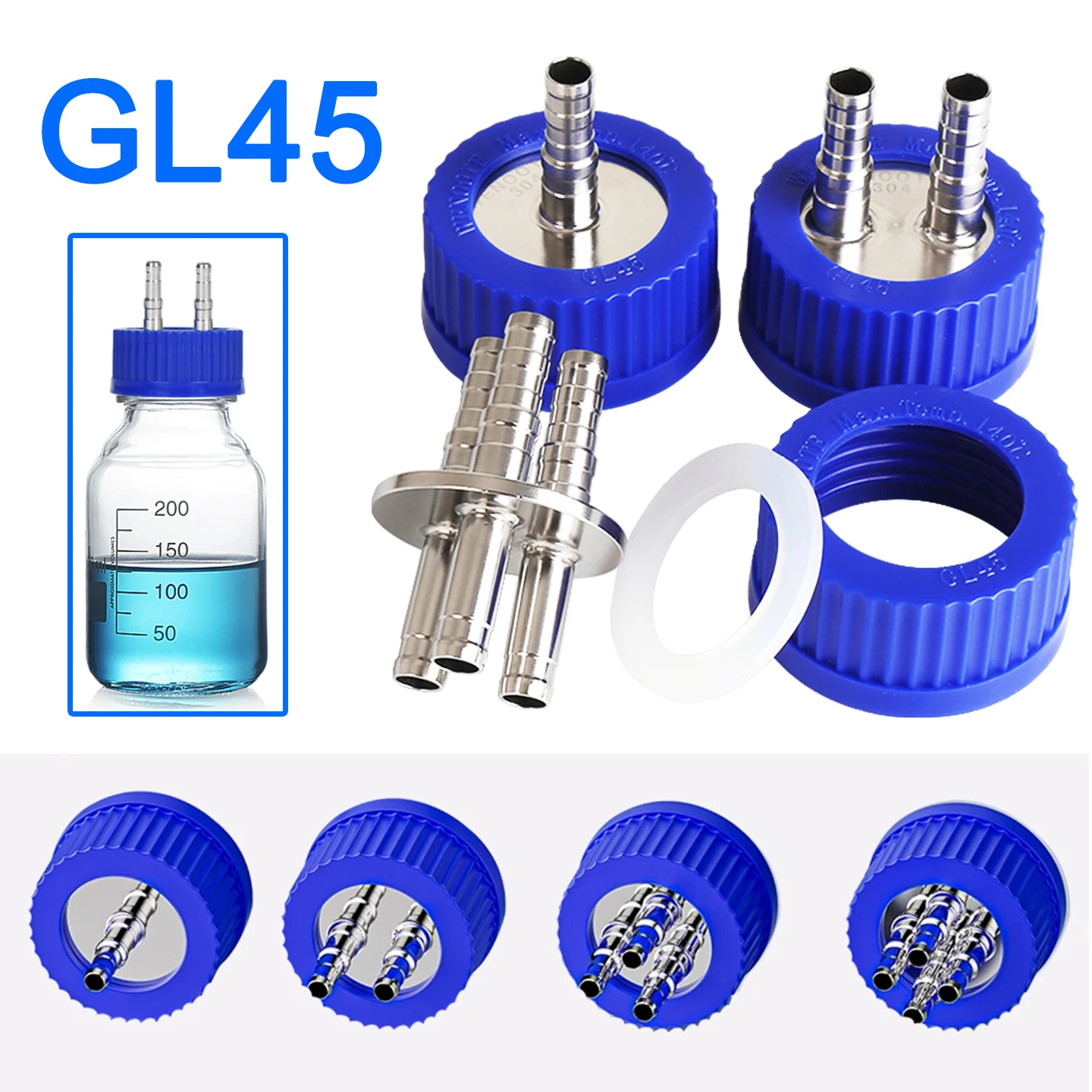 GL45 Fermentation Tank Reactor Feed Cover Stainless Steel Jar Lid with SS304 or PP Blue Headspace Cap Refill Cover for Bottles