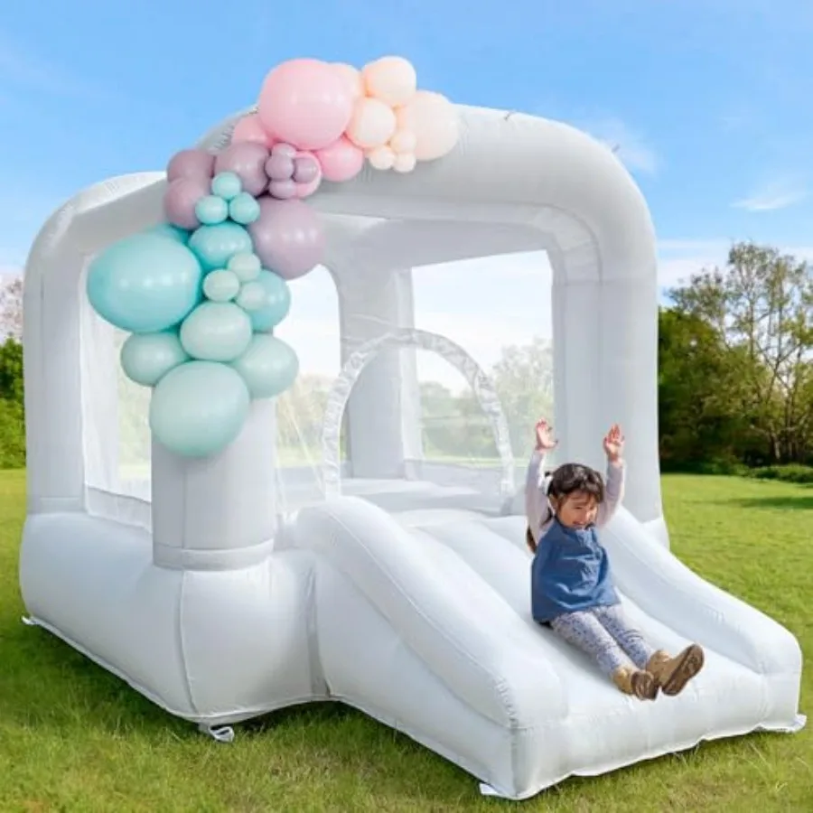 

White Bounce House with Slide for 3-6 8.33ft L x 5.4ft W x 6.17ft H Indoor/Outdoor Castle Theme Durable PVC Material Safe and E