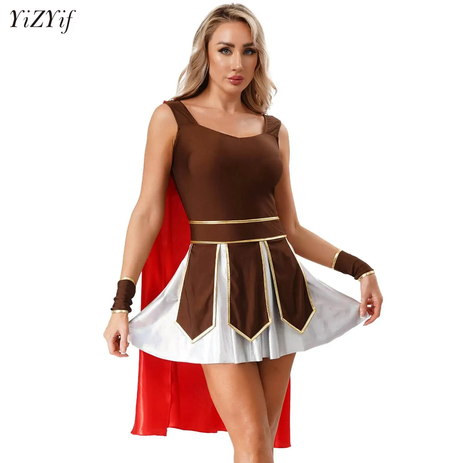 

Halloween Purim Adult Ancient Roman Greek Warrior Gladiator Costume Knight Roman Solider Fancy Dress+Cape+Cuffs Costumes Women