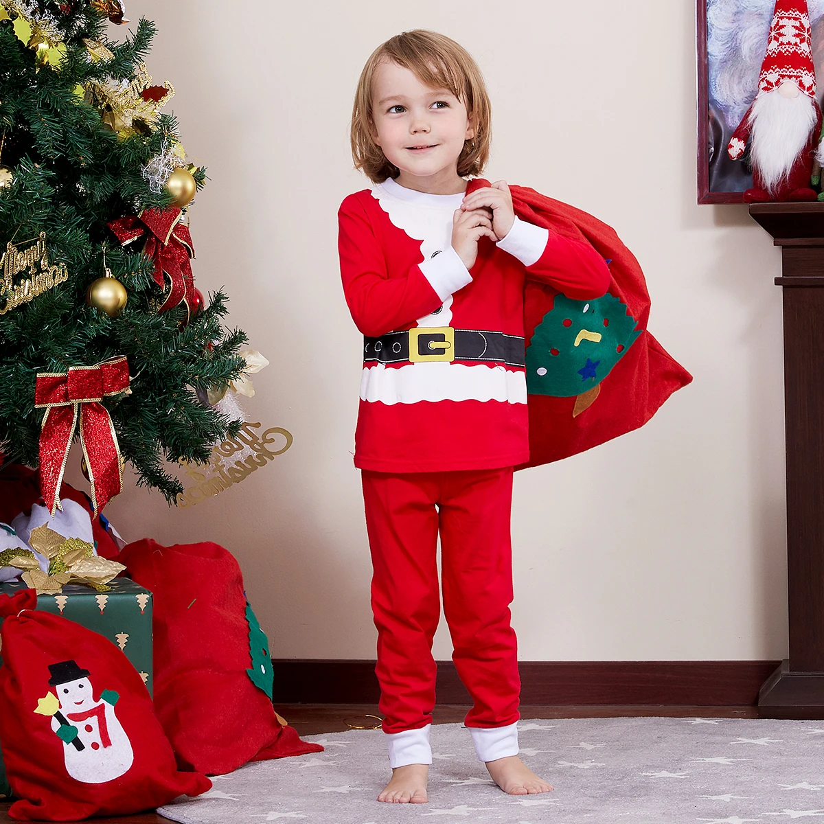 Christmas Pajamas Kids Boys Girls Elf Santa Claus Sleepwear Toddler Xmas with Hat Nightwear New Year Gift Clothes 2-14 Y Pjs