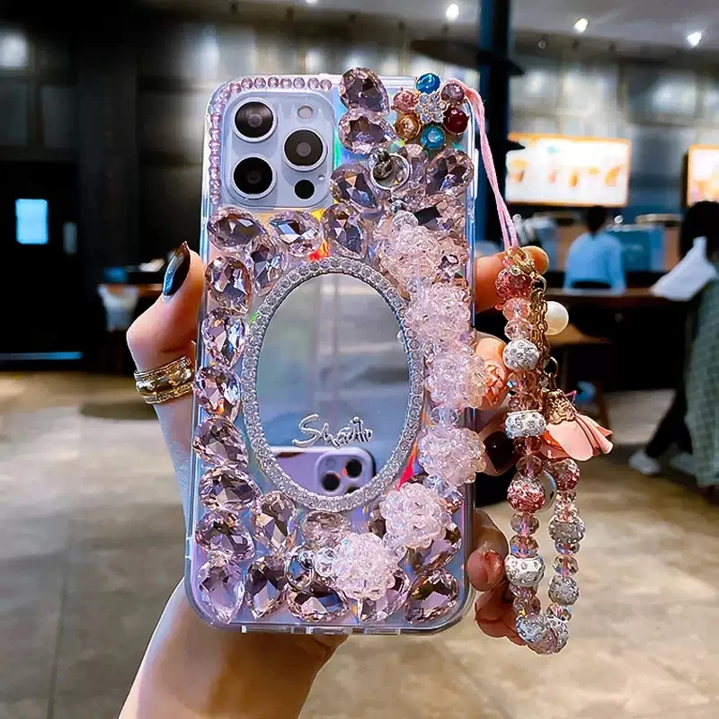 

Bling Diamond Bead Chain Mirror Strap Phone Case For samsung S23 S22 S10 S9 S8 S20 FE S21 Plus Ultra Note 10 9 20 Lite E Pro +