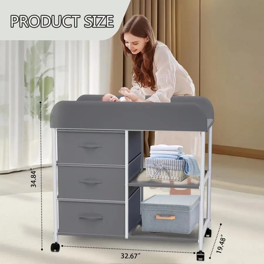 Changing Table, Portable Changing Table, Diaper Changing Station with Waterproof Pad, Changing Table Dresser with 3 Storage Bask