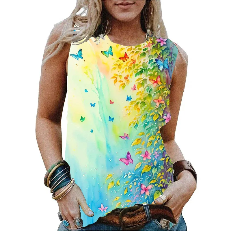 Zomer Bloem Vlinder 3d Print Tank Tops Vrouwen Streetwear Mode Oversized O-hals Vest Off Shoulder Mouwloze Vrouw Hemd