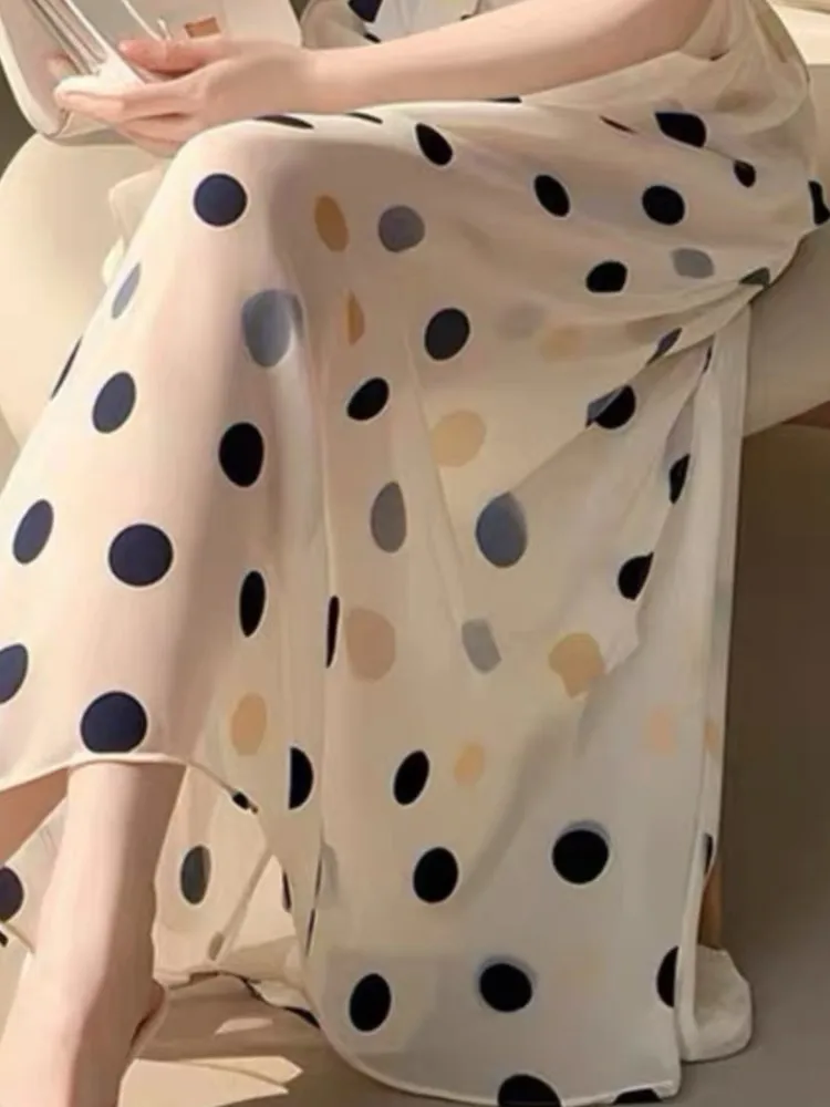 Fashion New Women Vintage Polka Dot Midi Dress Sleeveless Casual A-Line Party Prom Chic Vestidos Female Elegant Long Robe Mujers