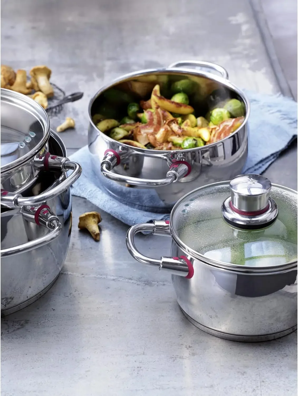 4-Piece Stainless Steel Pot Set with Steam Vent Glass Lid Polished Finish Induction Compatible and Dishwasher Safe