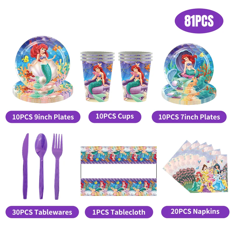 Disney The Little Mermaid Birthday Decorations Tablecloth Tableware Set Birthday Gift Box Ariel Balloons Party Supplies For Kids