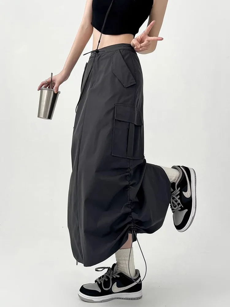 New American Style Grey Work Skirt Women's Spring Autumn plus Size Hip Thigh Thickening Slim High Waist Drawstring Midi Skirt