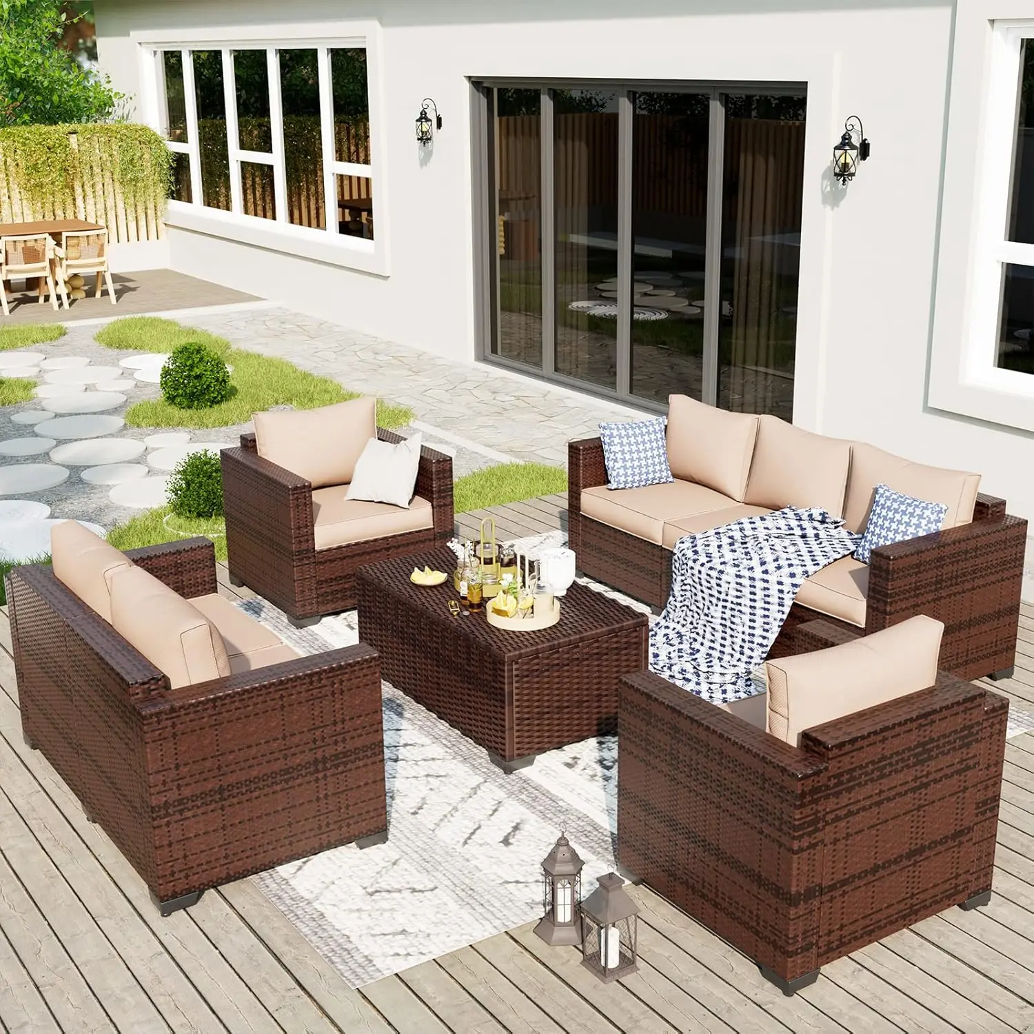 

Outdoor Patio Furniture Set 5 Piece Wide Armrest Rattan Patio Sofa Sets w/Storage Table for Poolside Deck Backyard