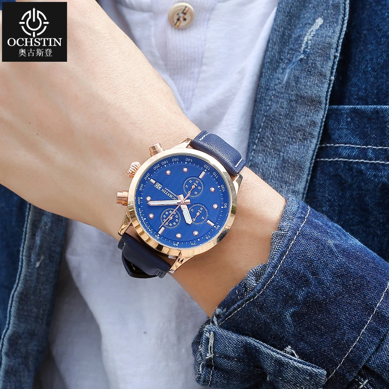 OCHSTIN Men's Pilot Multifunctional Quartz Watch Balanced Alloy Case Slim Shell Soft skin-friendly Genuine leather Clock