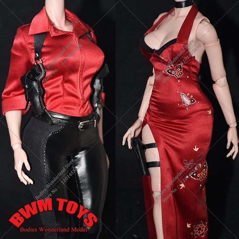 1/6 Scale Cosplay Women's Costume Cheongsam Style Dress Red Shirt Spliced Leather Pants Holster for 12'' Female Action Figure