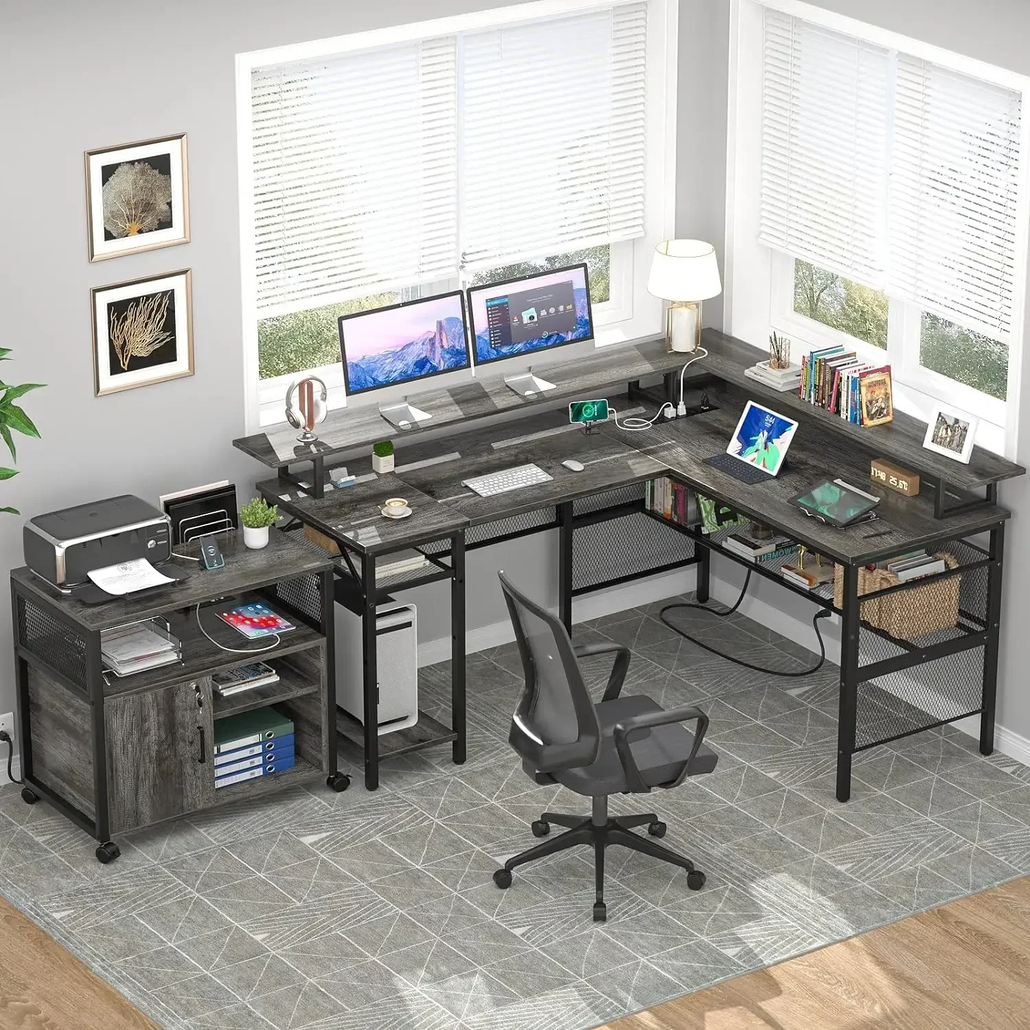 Unikito L Shaped Computer Desk, Reversible Corner Desk with Power Outlet and LED Strip, L- Shaped Gaming Table with Monitor Stan