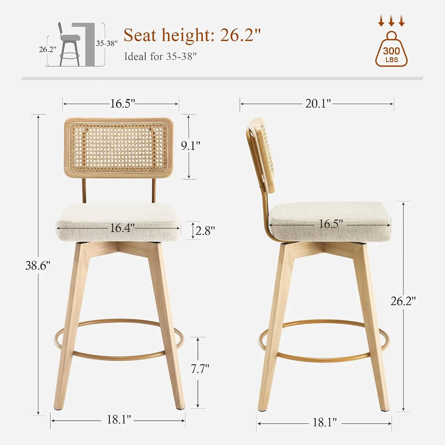 Rattan Swivel Bar Stools, Wooden Counter Height Stools, Linen Woven Backrest Kitchen Island Bar Furniture, Customized